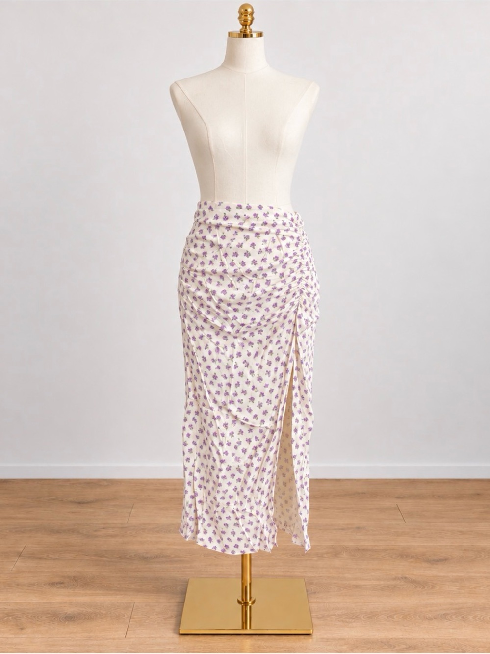 Zara Lavender Floral Ruched Satin Side-Slit Midi Skirt on Cream